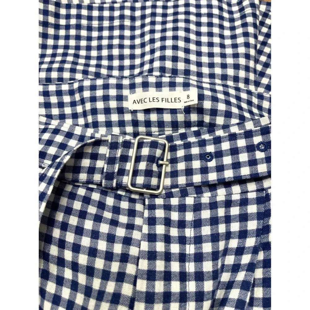 New Avec Les Filles Gingham‎ Linen Blend Belted Shorts Navy Blue White Size 8